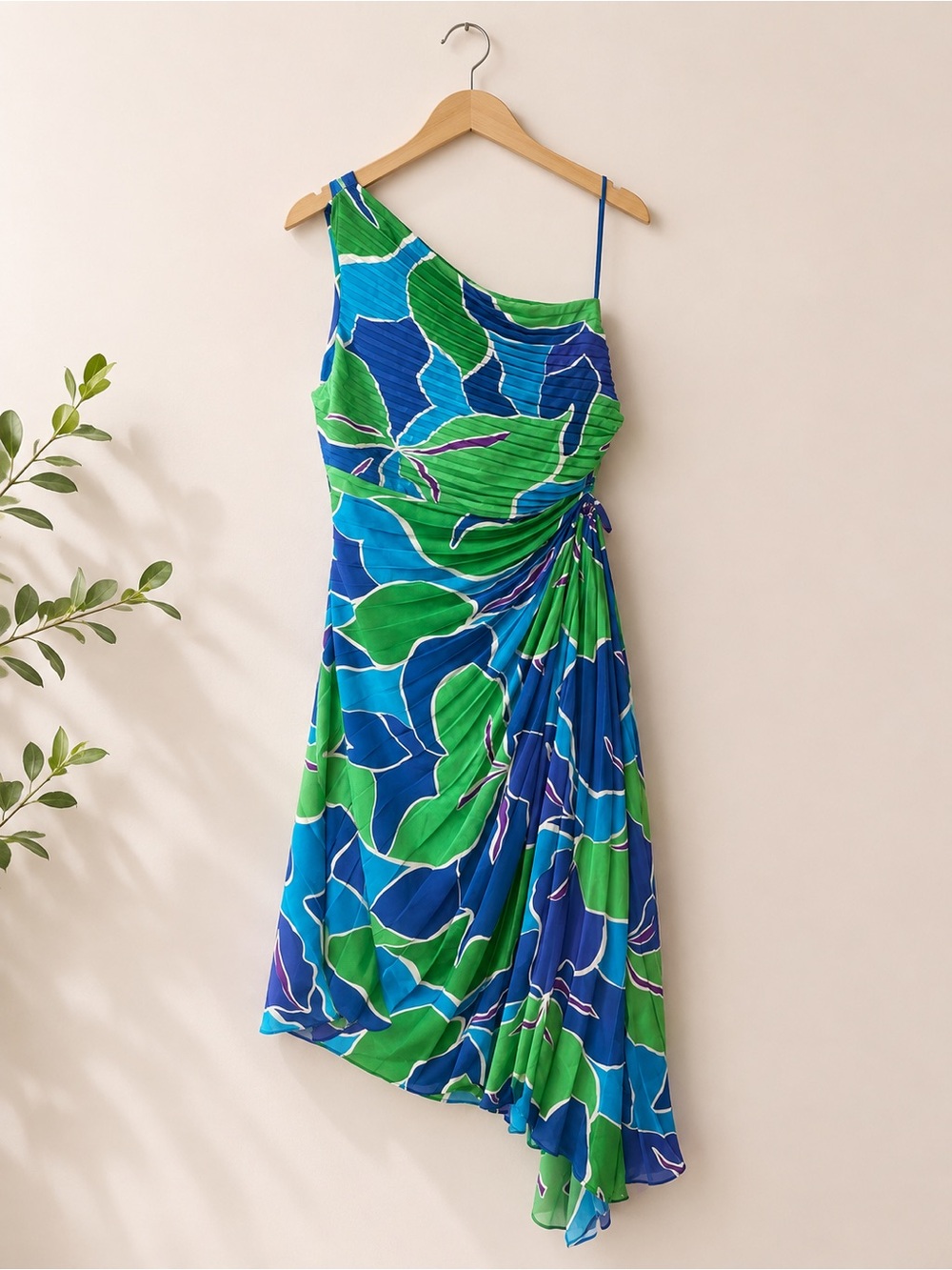 She + Sky One-Shoulder Floral Print Dress in Blue & Green